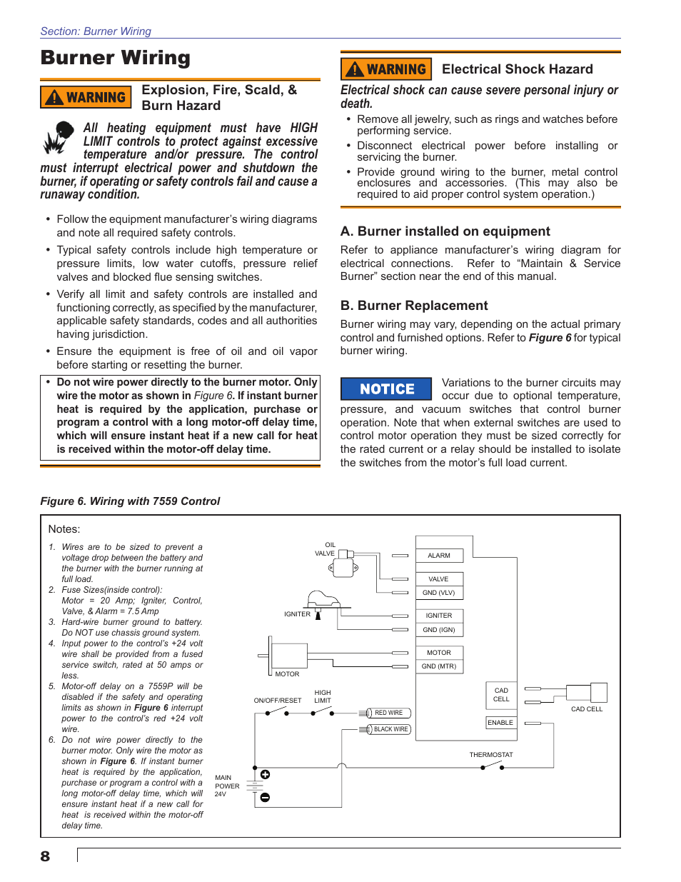 Burner wiring, A. burner installed on equipment, B. burner replacement | Beckett SDC 24 VDC User Manual | Page 8 / 16