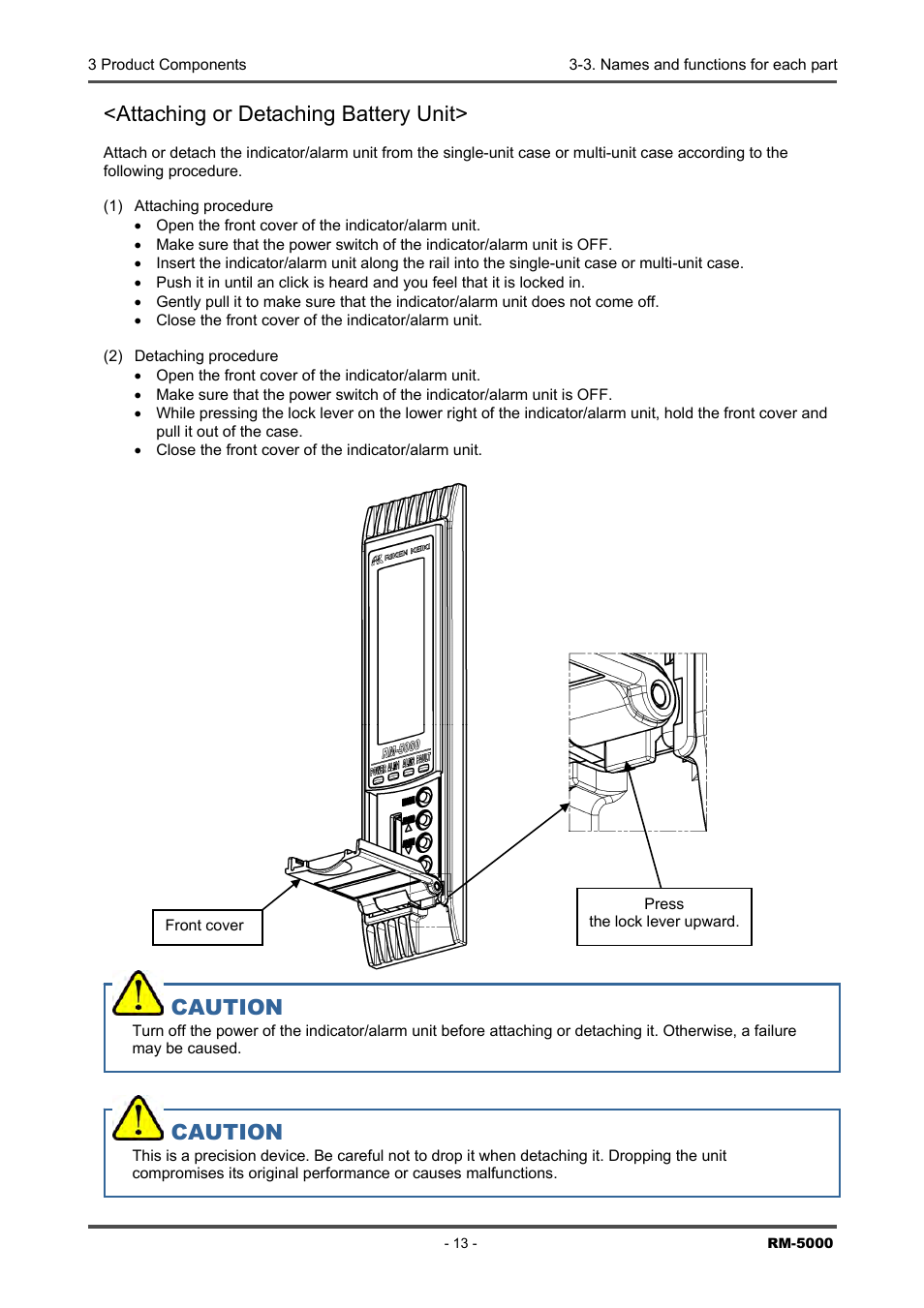 Attaching or detaching battery unit, Caution | RKI Instruments RM-5000 Series Indicator/Alarm Unit User Manual | Page 13 / 81