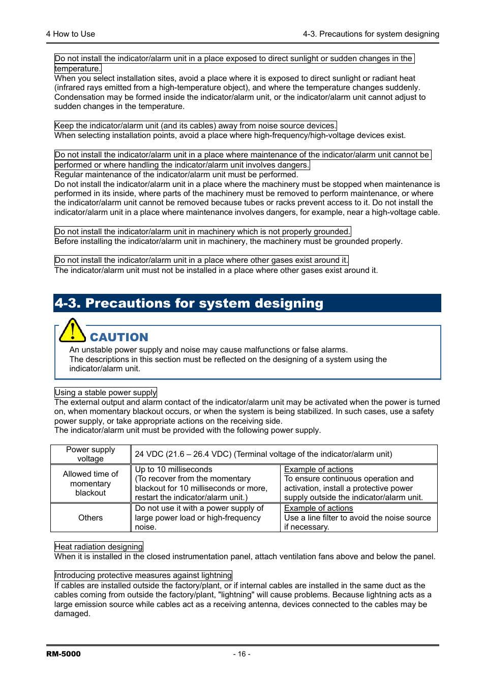 3. precautions for system designing, Caution | RKI Instruments RM-5000 Series Indicator/Alarm Unit User Manual | Page 16 / 81