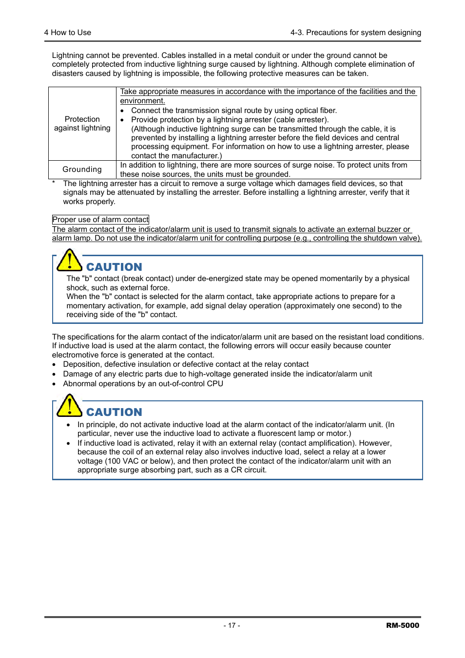 Caution | RKI Instruments RM-5000 Series Indicator/Alarm Unit User Manual | Page 17 / 81