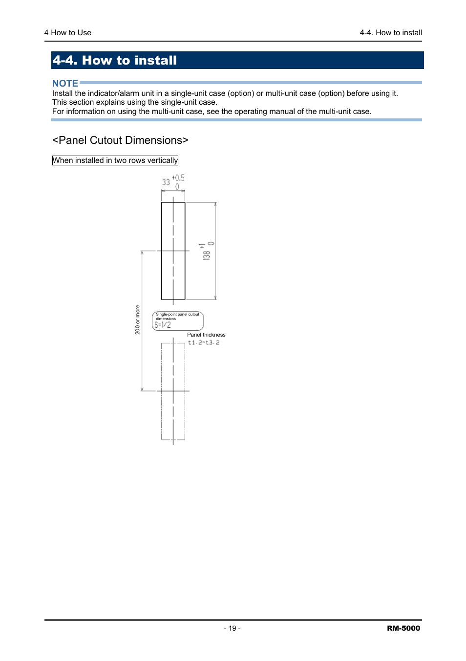 4. how to install, Panel cutout dimensions | RKI Instruments RM-5000 Series Indicator/Alarm Unit User Manual | Page 19 / 81