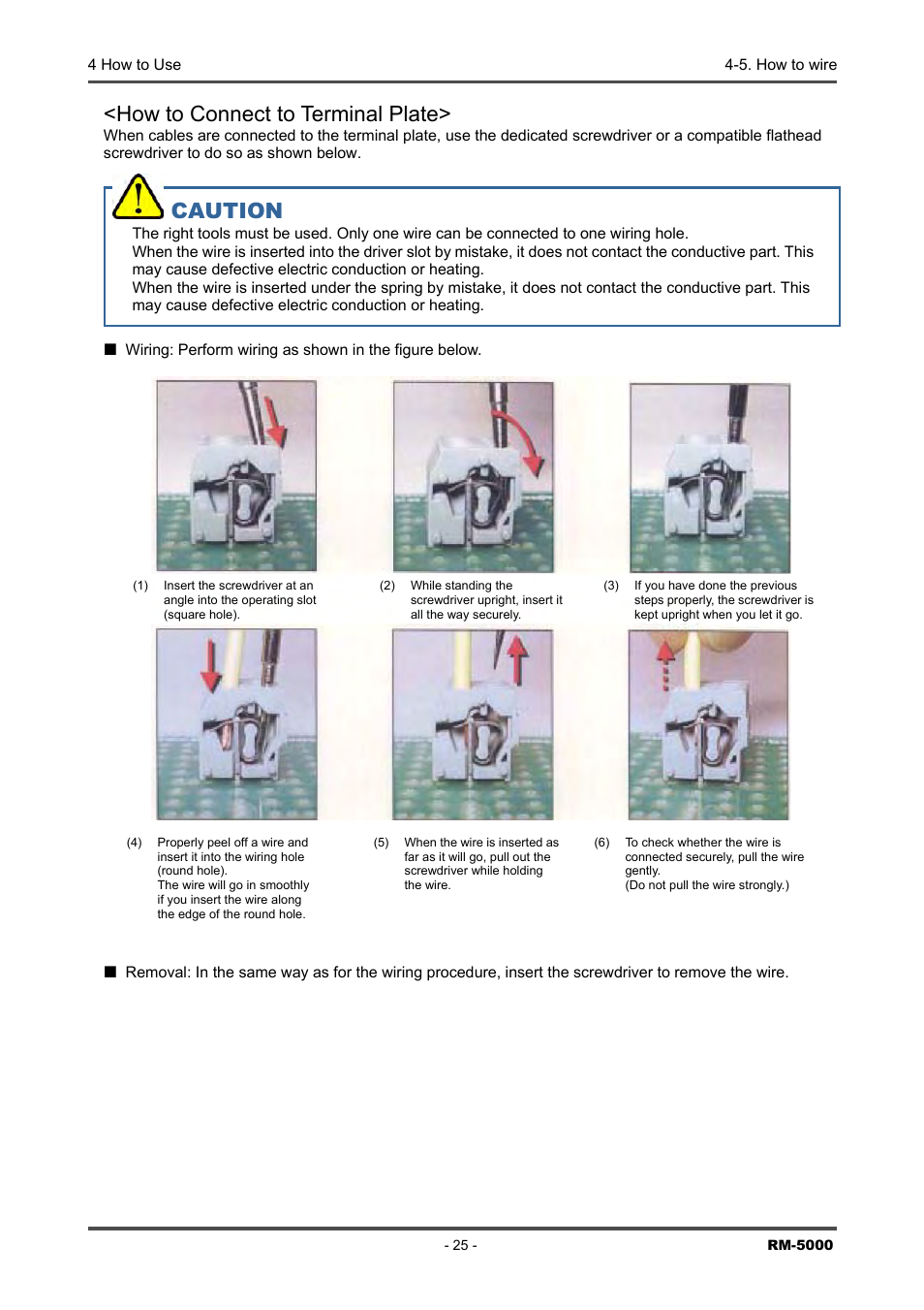 How to connect to terminal plate, Caution | RKI Instruments RM-5000 Series Indicator/Alarm Unit User Manual | Page 25 / 81