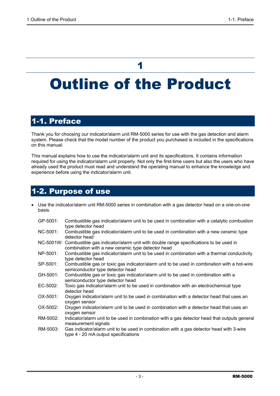 Outline of the product, 1. preface, 2. purpose of use | 1 outline, The product, Preface, Purpose of use, Definition of danger, warning, caution, and note, 2 important, Notices on safety | RKI Instruments RM-5000 Series Indicator/Alarm Unit User Manual | Page 3 / 81