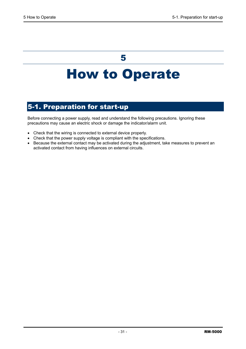 How to operate, 1. preparation for start-up | RKI Instruments RM-5000 Series Indicator/Alarm Unit User Manual | Page 31 / 81