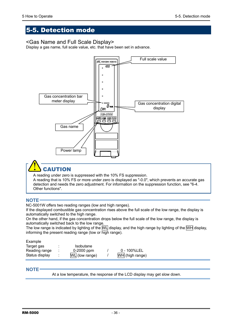 5. detection mode, Gas name and full scale display, Caution | RKI Instruments RM-5000 Series Indicator/Alarm Unit User Manual | Page 36 / 81