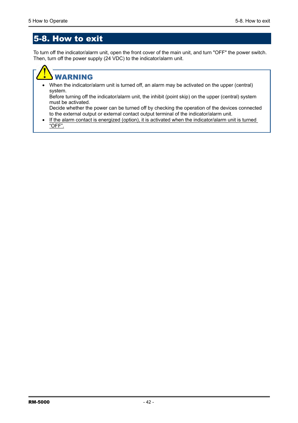 8. how to exit, Warning | RKI Instruments RM-5000 Series Indicator/Alarm Unit User Manual | Page 42 / 81