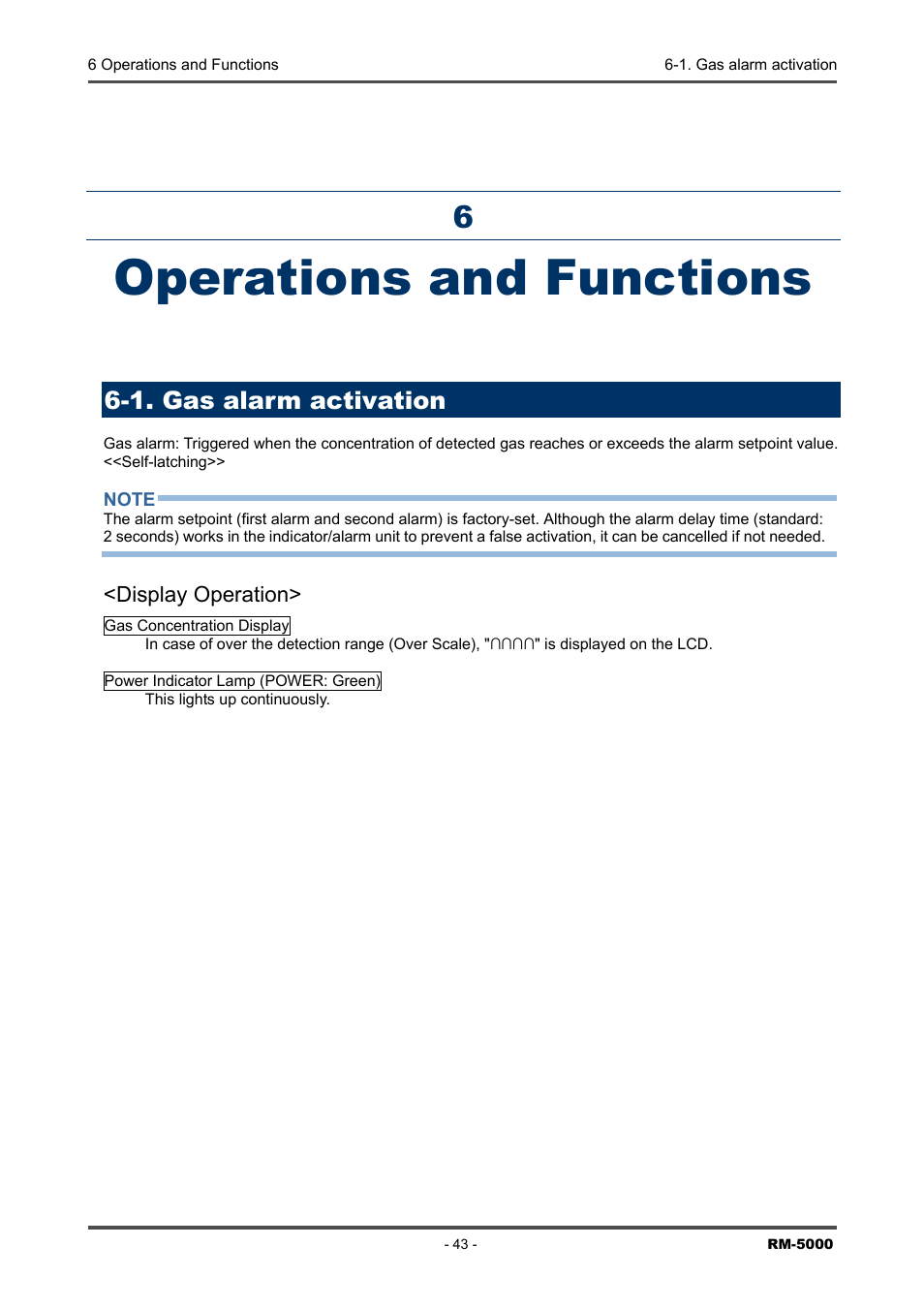 Operations and functions, 1. gas alarm activation | RKI Instruments RM-5000 Series Indicator/Alarm Unit User Manual | Page 43 / 81