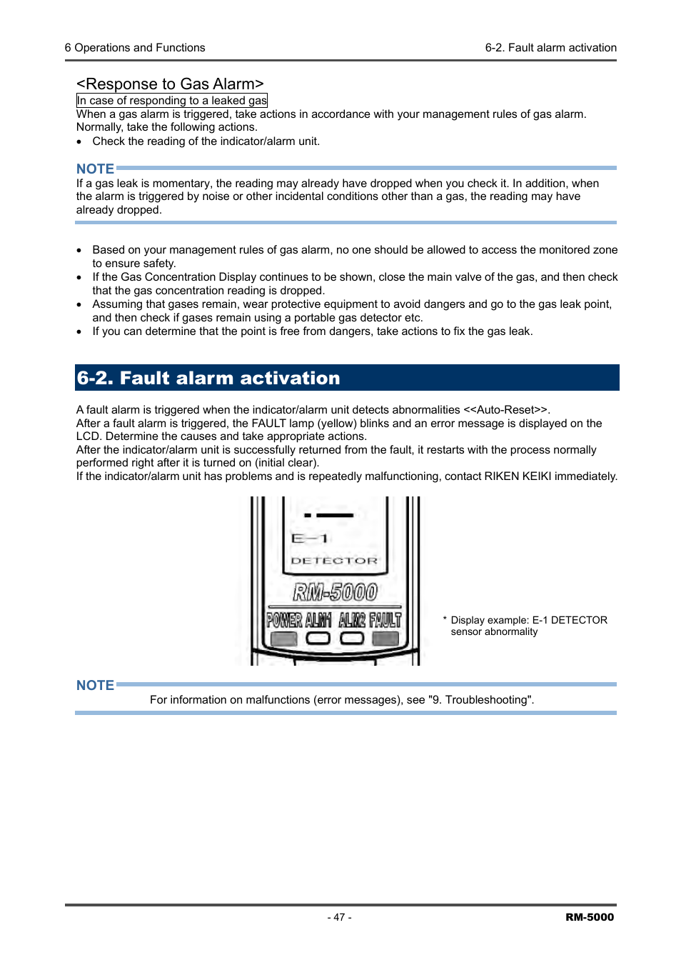 2. fault alarm activation, Response to gas alarm | RKI Instruments RM-5000 Series Indicator/Alarm Unit User Manual | Page 47 / 81