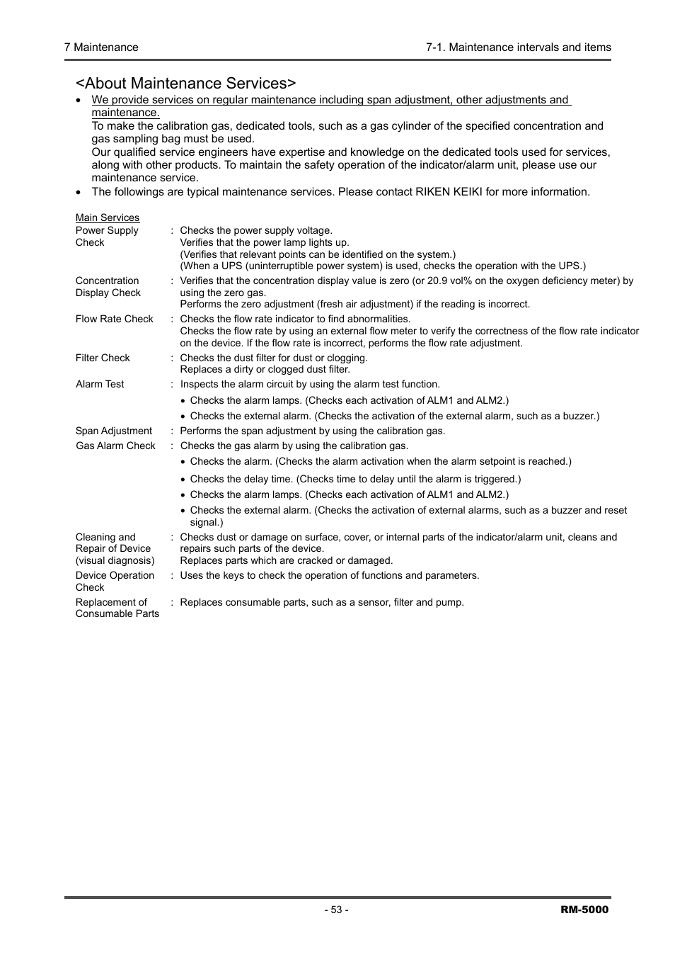 About maintenance services | RKI Instruments RM-5000 Series Indicator/Alarm Unit User Manual | Page 53 / 81