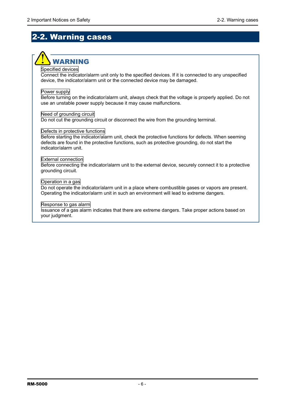 2. warning cases, Warning | RKI Instruments RM-5000 Series Indicator/Alarm Unit User Manual | Page 6 / 81