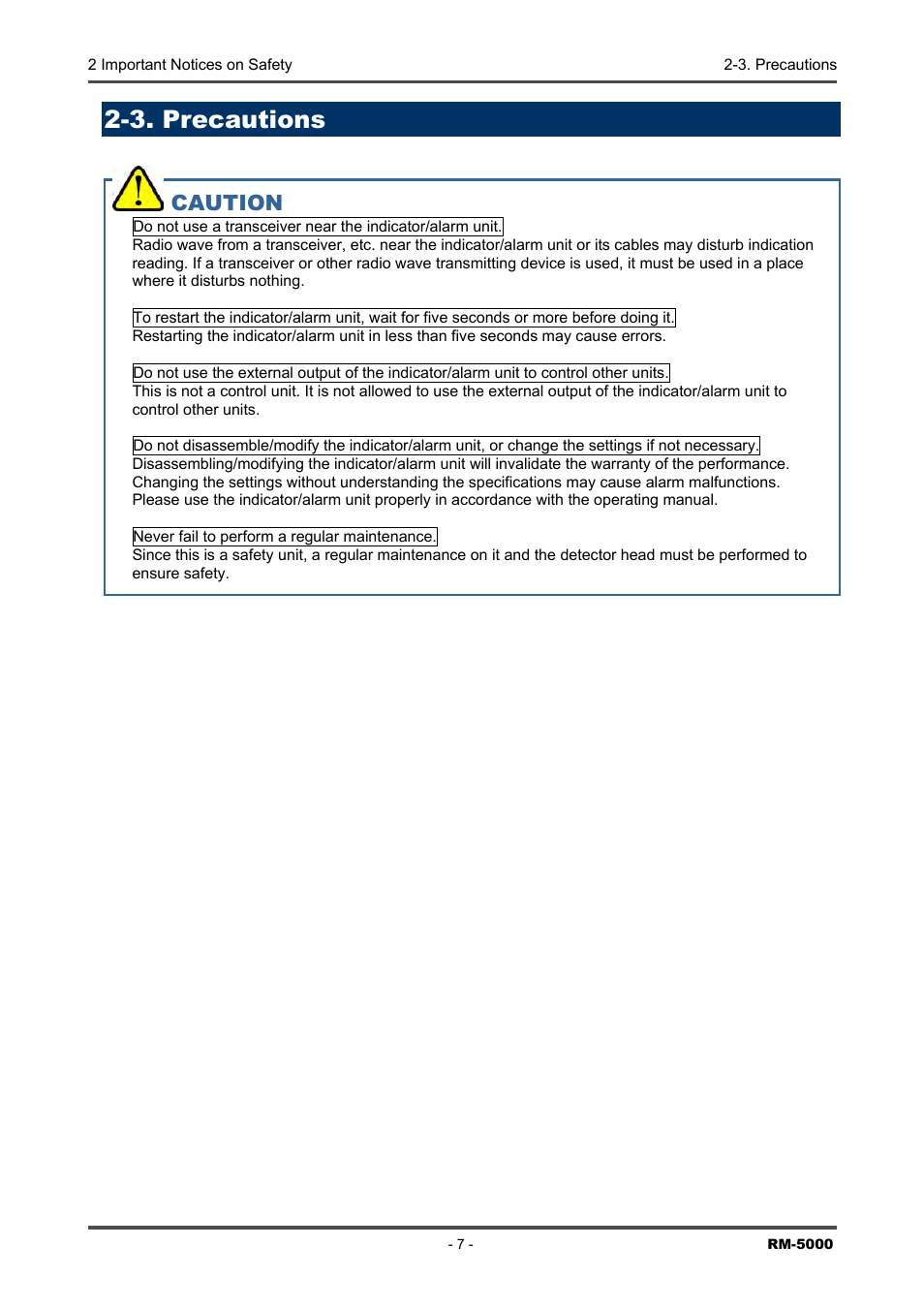 3. precautions, Caution | RKI Instruments RM-5000 Series Indicator/Alarm Unit User Manual | Page 7 / 81