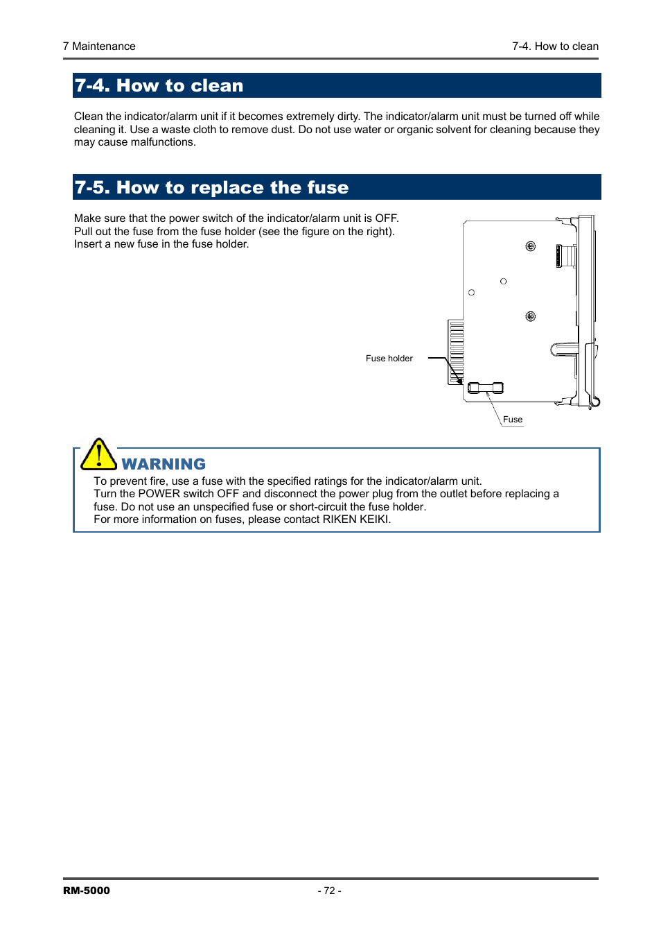 4. how to clean, 5. how to replace the fuse, Warning | RKI Instruments RM-5000 Series Indicator/Alarm Unit User Manual | Page 72 / 81