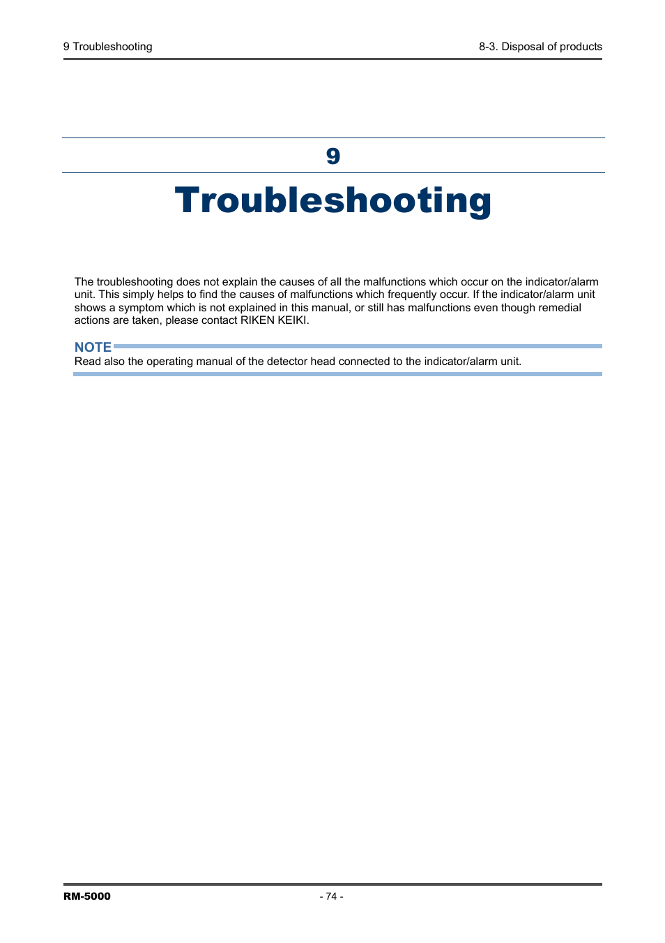 Troubleshooting | RKI Instruments RM-5000 Series Indicator/Alarm Unit User Manual | Page 74 / 81