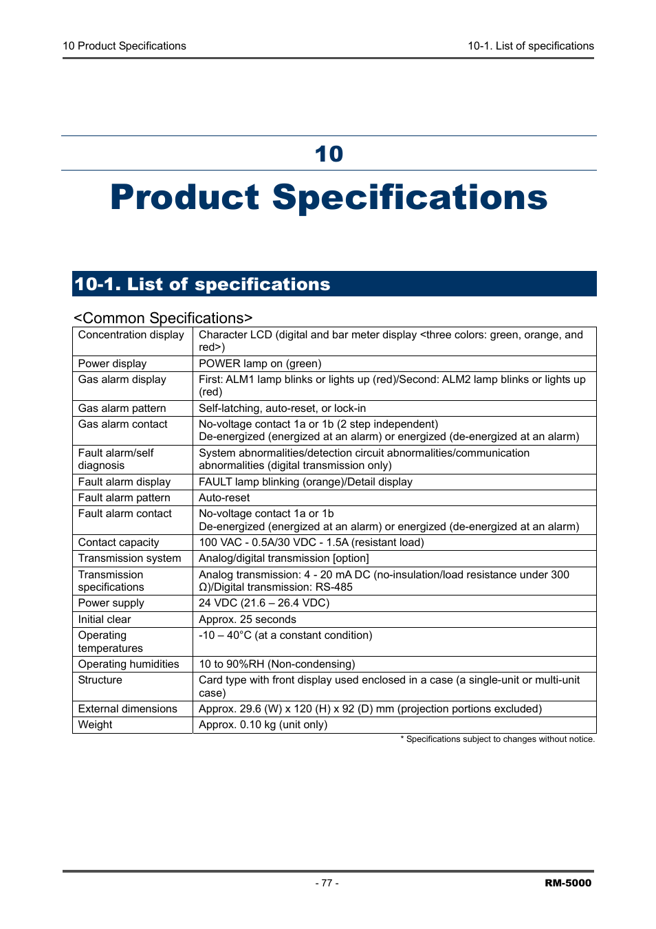 Product specifications, 1. list of specifications, Common specifications | RKI Instruments RM-5000 Series Indicator/Alarm Unit User Manual | Page 77 / 81