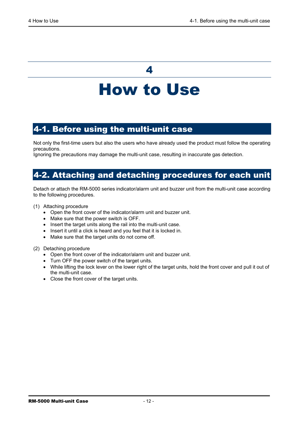 How to use, 1. before using the multi-unit case | RKI Instruments RM-5000 Series Multi-Unit Case User Manual | Page 12 / 25