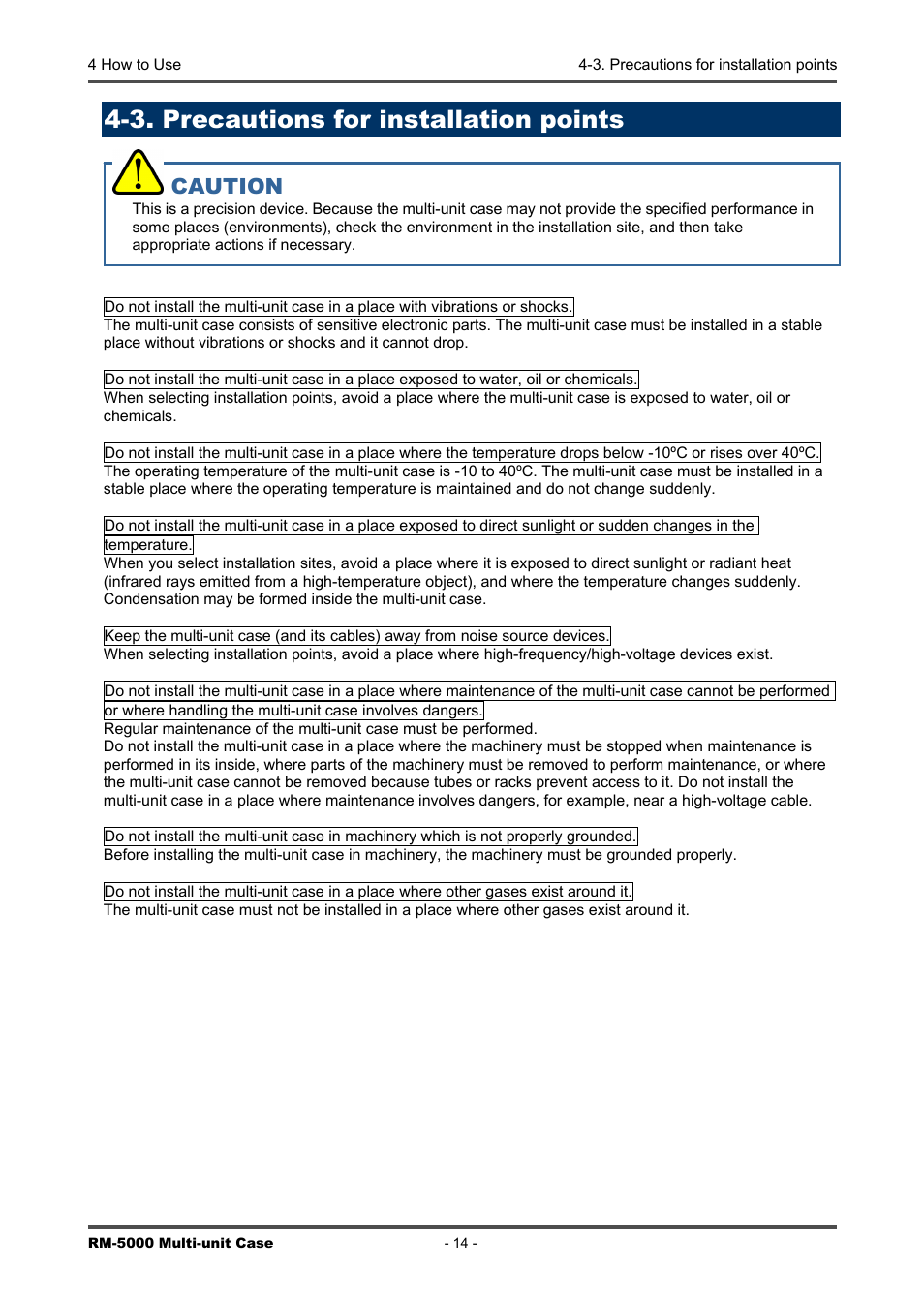 3. precautions for installation points, Caution | RKI Instruments RM-5000 Series Multi-Unit Case User Manual | Page 14 / 25