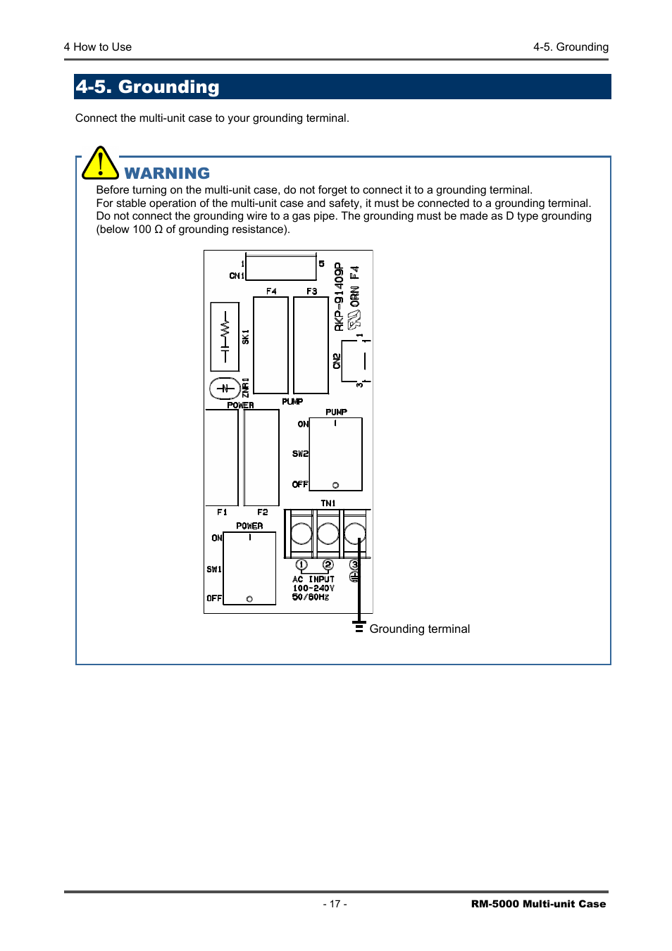 5. grounding, Warning | RKI Instruments RM-5000 Series Multi-Unit Case User Manual | Page 17 / 25