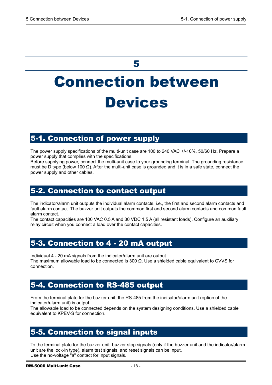Connection between devices, 1. connection of power supply, 2. connection to contact output | 3. connection to 4 - 20 ma output, 4. connection to rs-485 output, 5. connection to signal inputs | RKI Instruments RM-5000 Series Multi-Unit Case User Manual | Page 18 / 25