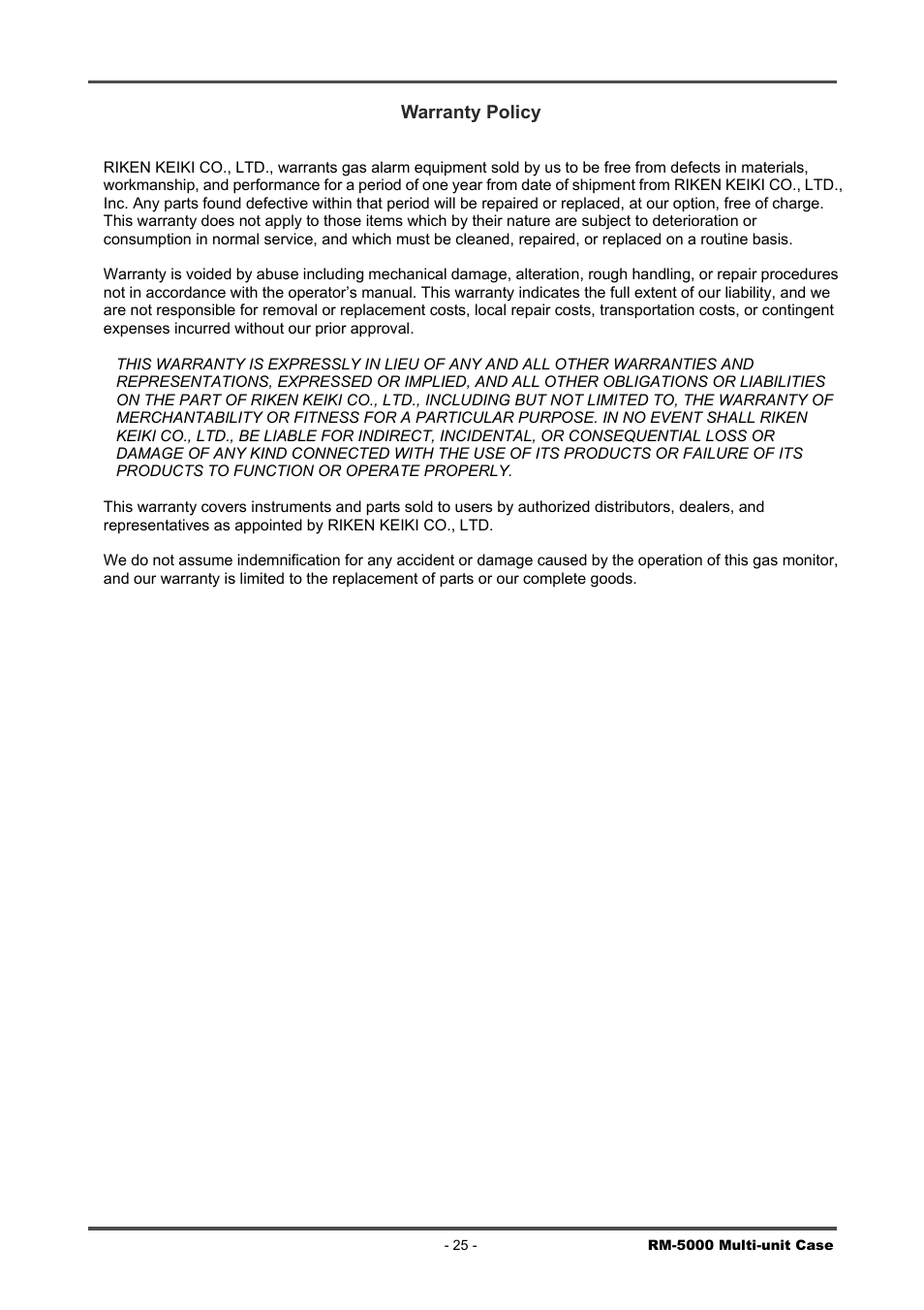 Warranty policy | RKI Instruments RM-5000 Series Multi-Unit Case User Manual | Page 25 / 25