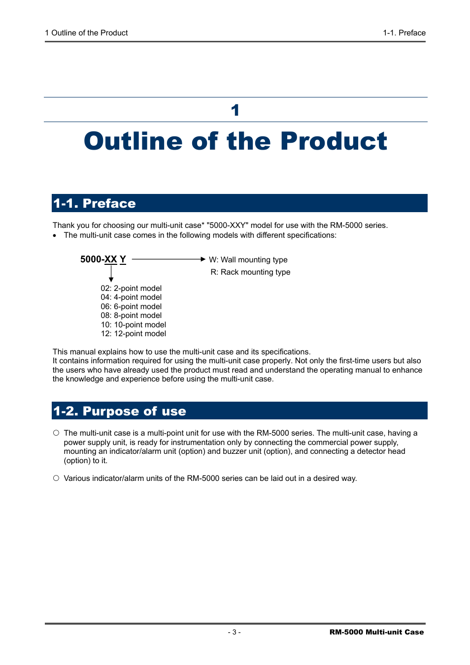 Outline of the product, 1. preface, 2. purpose of use | 1 outline, The product, 2. purpose, Of use, Definition of danger, warning, caution, and note, Important, Notices on safety | RKI Instruments RM-5000 Series Multi-Unit Case User Manual | Page 3 / 25