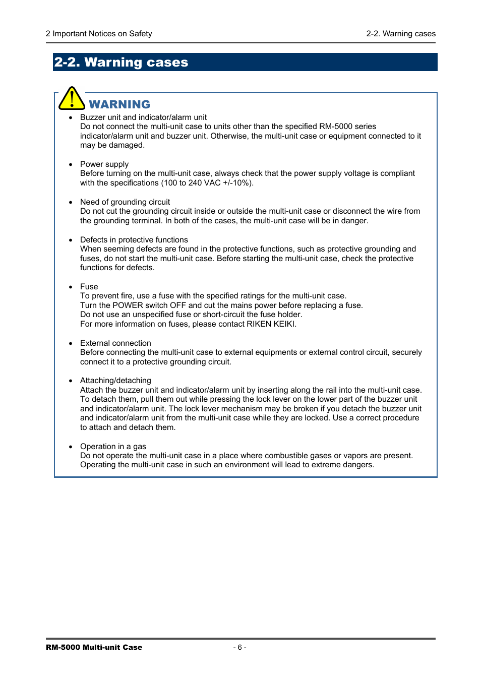 2. warning cases, Warning | RKI Instruments RM-5000 Series Multi-Unit Case User Manual | Page 6 / 25
