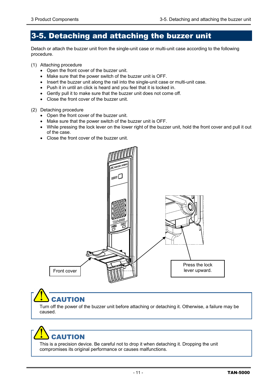 5. detaching and attaching the buzzer unit, 5. detaching, Attaching the buzzer unit | Caution | RKI Instruments TAN-5000 Series User Manual | Page 11 / 31