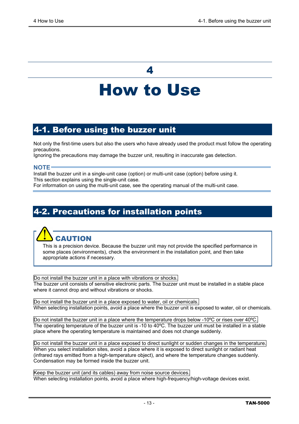 How to use, 1. before using the buzzer unit, 2. precautions for installation points | 4 how, 1. before, Using, The buzzer unit, 2. precautions, Installation points | RKI Instruments TAN-5000 Series User Manual | Page 13 / 31