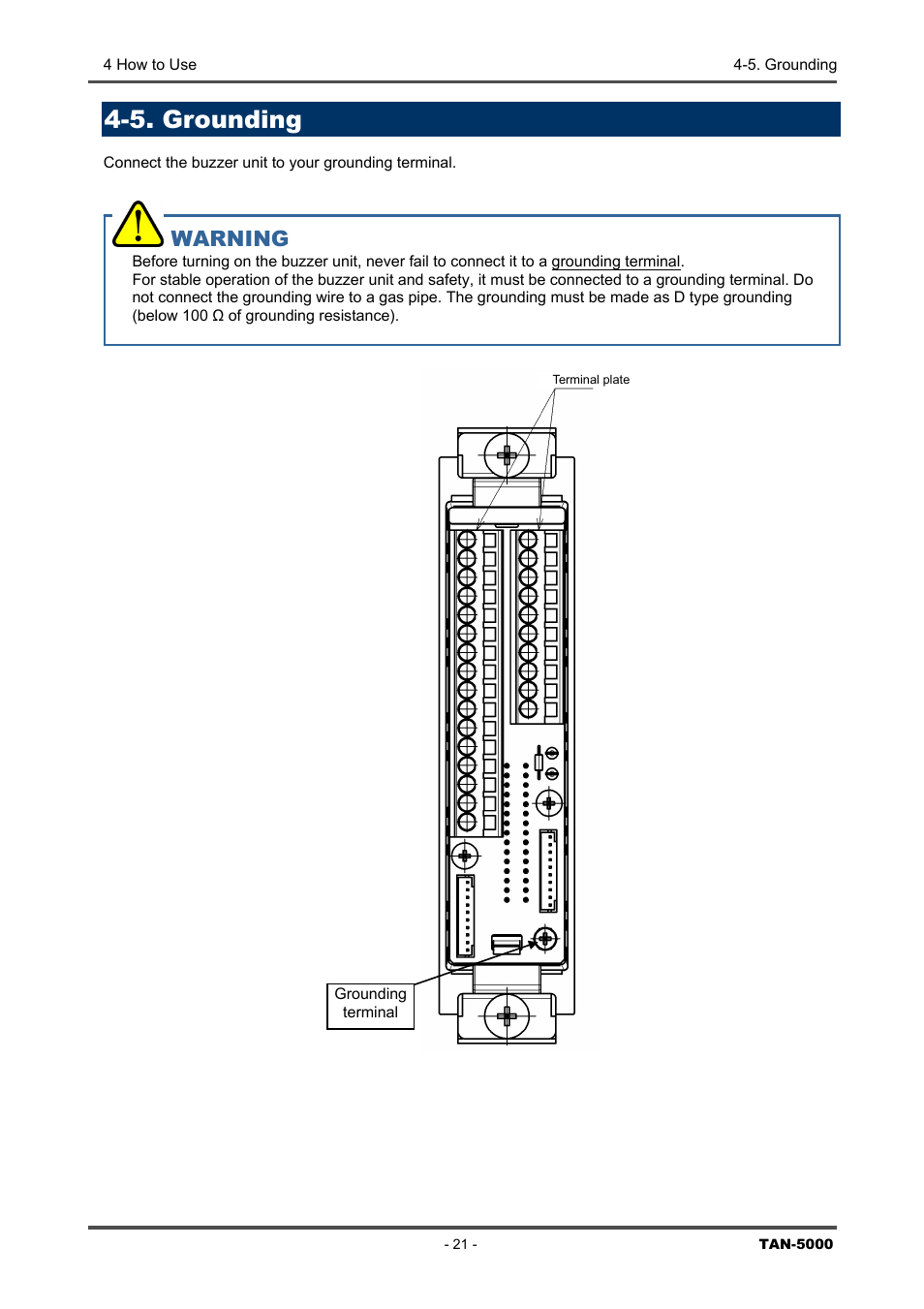 5. grounding, Warning | RKI Instruments TAN-5000 Series User Manual | Page 21 / 31