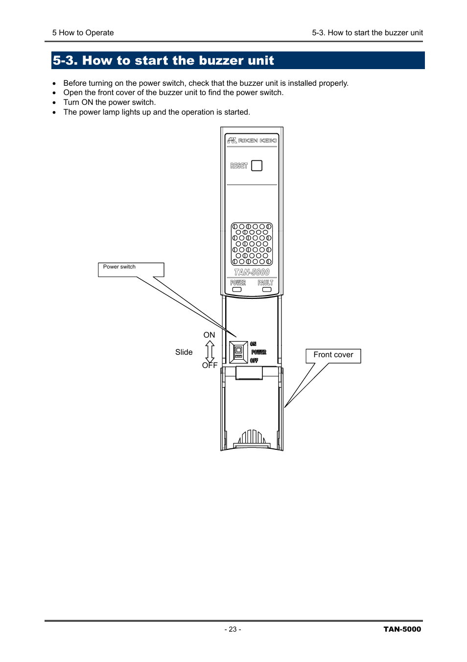3. how to start the buzzer unit, How to start the buzzer unit | RKI Instruments TAN-5000 Series User Manual | Page 23 / 31