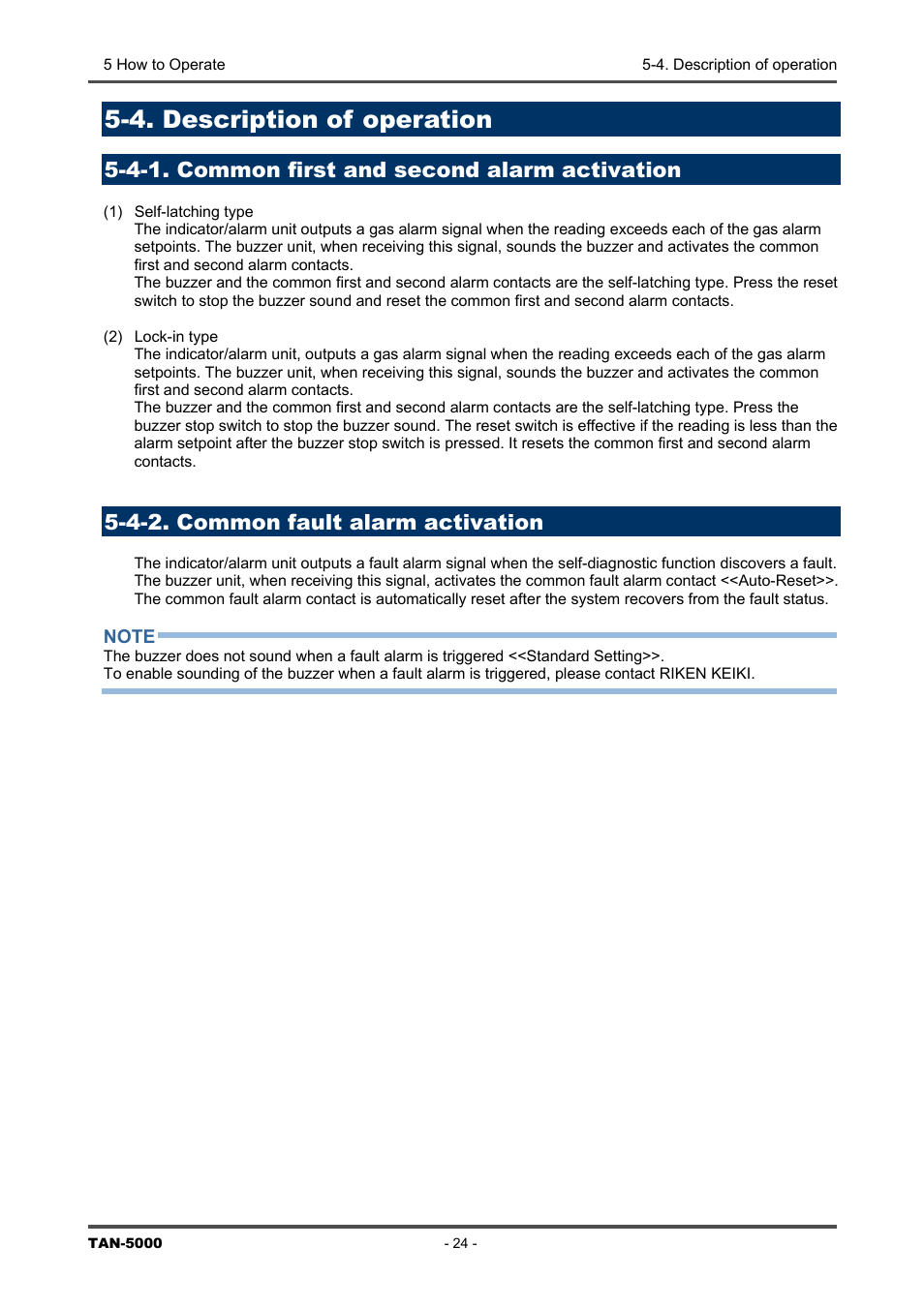 4. description of operation, 4-1. common first and second alarm activation, 4-2. common fault alarm activation | 4. description, Of operation, Common first and second alarm activation, 4-2. common, Fault, Alarm activation | RKI Instruments TAN-5000 Series User Manual | Page 24 / 31