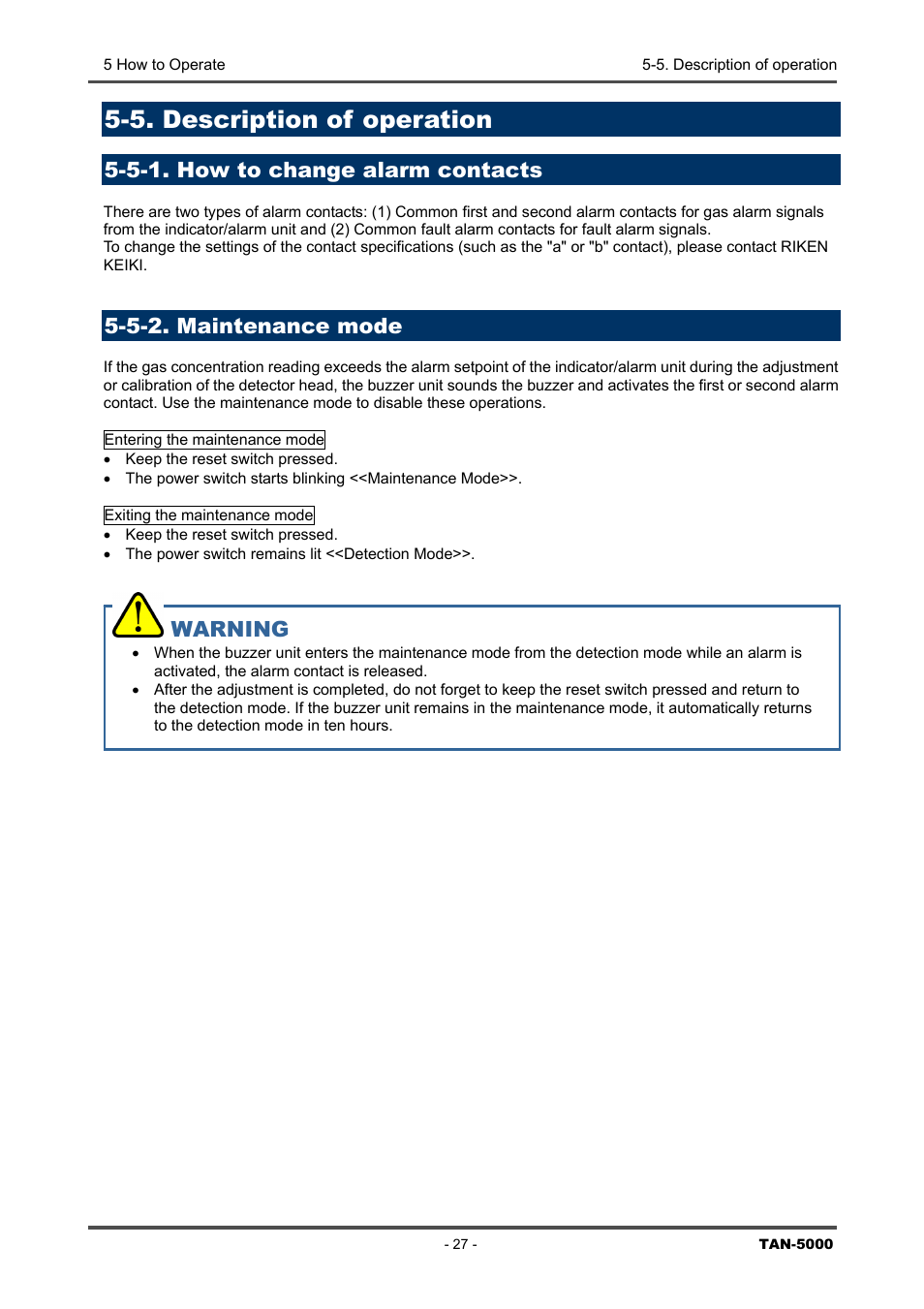 5. description of operation, 5-1. how to change alarm contacts, 5-2. maintenance mode | 5. description, Of operation, How to change alarm contacts, Warning | RKI Instruments TAN-5000 Series User Manual | Page 27 / 31