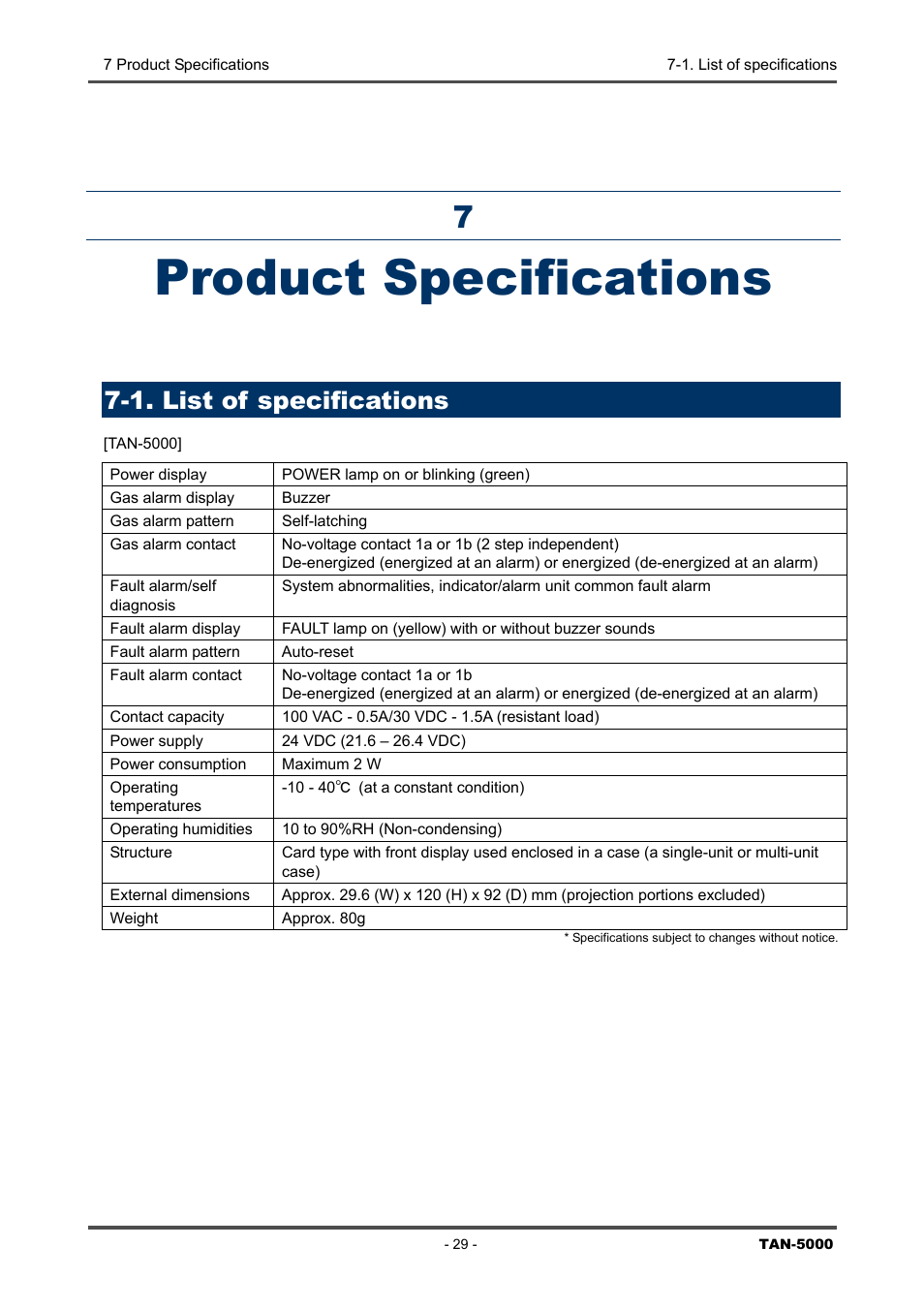 Product specifications, 1. list of specifications, 7 product | Specifications, List of specifications | RKI Instruments TAN-5000 Series User Manual | Page 29 / 31