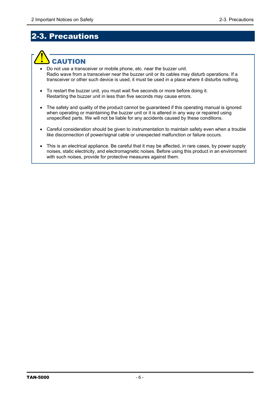 3. precautions, Caution | RKI Instruments TAN-5000 Series User Manual | Page 6 / 31