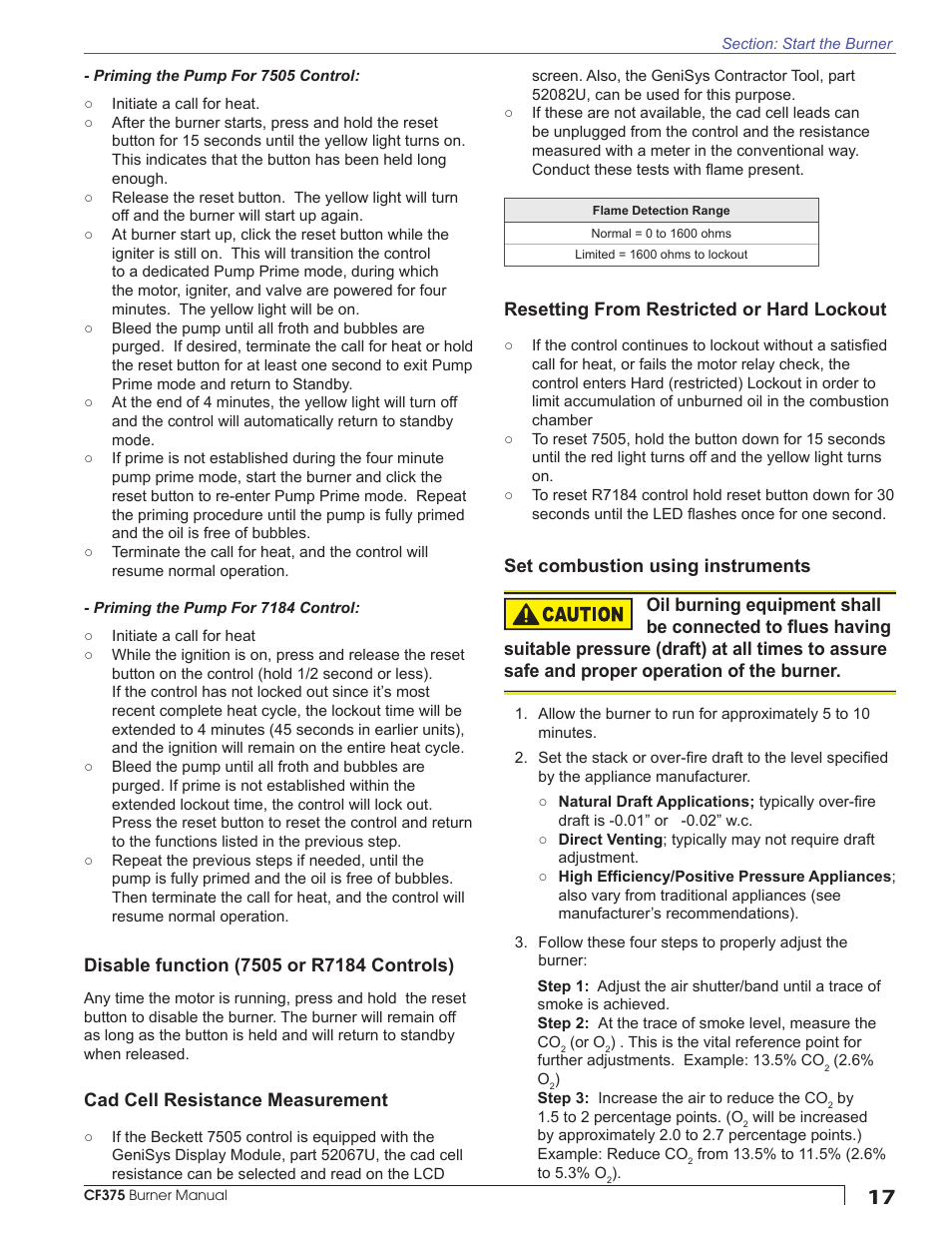 Cad cell resistance measurement, Resetting from restricted or hard lockout, Set combustion using instruments | Beckett CF375 User Manual | Page 17 / 20