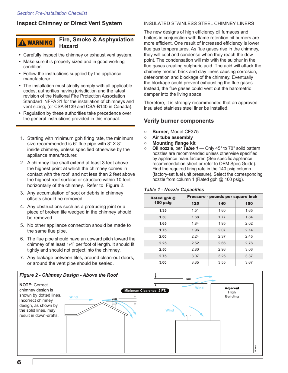 Inspect chimney or direct vent system, Fire, smoke & asphyxiation hazard, Verify burner components | Beckett CF375 User Manual | Page 6 / 20