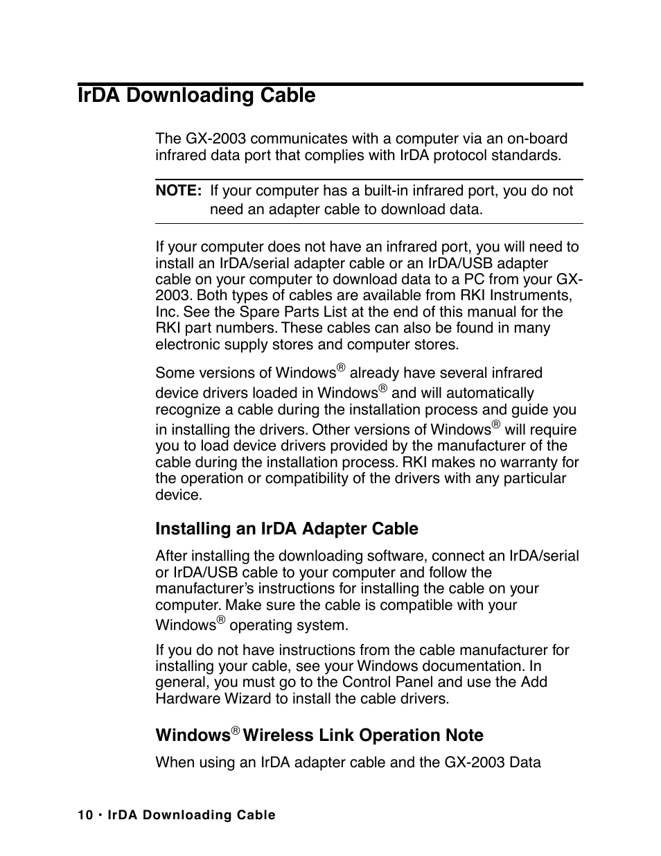 Irda downloading cable | RKI Instruments GX-2003 User Manual | Page 10 / 64