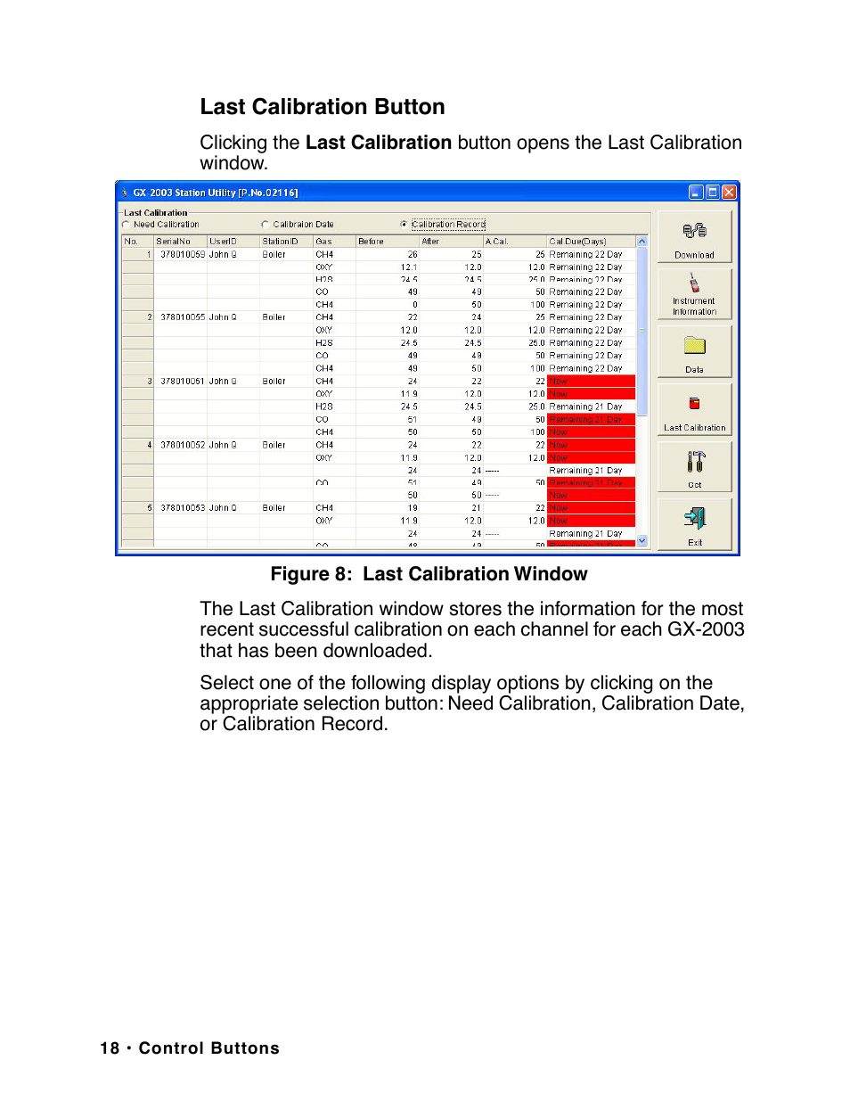 Last calibration button | RKI Instruments GX-2003 User Manual | Page 18 / 64