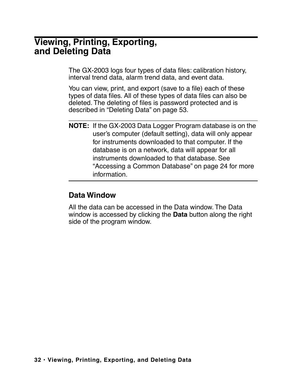 Viewing, printing, exporting, and deleting data | RKI Instruments GX-2003 User Manual | Page 32 / 64