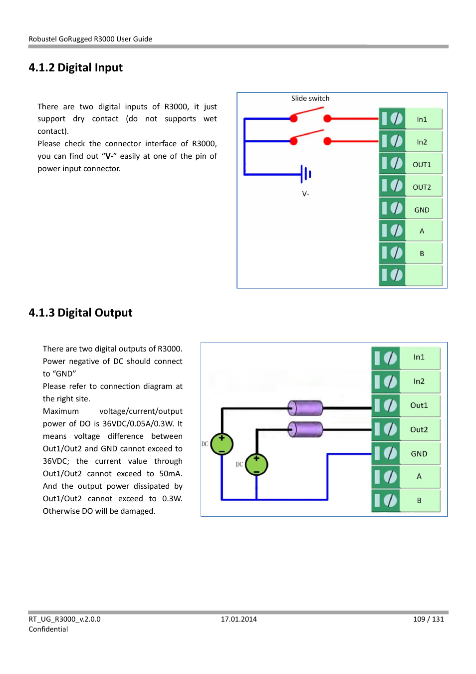 2 digital input, 3 digital output, Digital input | Digital output | Robustel R3000 User Guide User Manual | Page 110 / 132