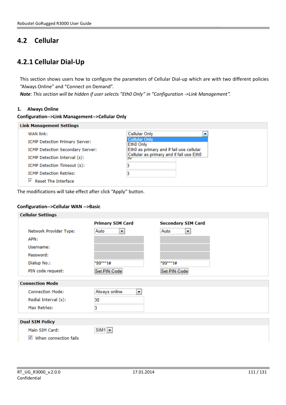 2 cellular, 1 cellular dial-up, Cellular | Cellular dial-up, 2 cellular 4.2.1 cellular dial-up | Robustel R3000 User Guide User Manual | Page 112 / 132