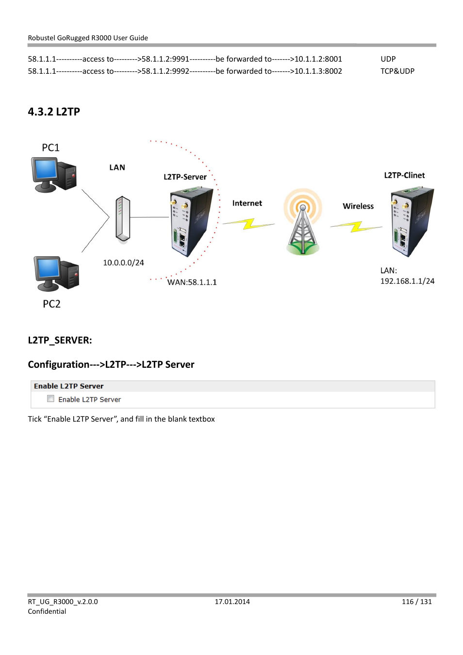 2 l2tp, L2tp, L2tp_server: configuration--->l2tp--->l2tp server | Robustel R3000 User Guide User Manual | Page 117 / 132