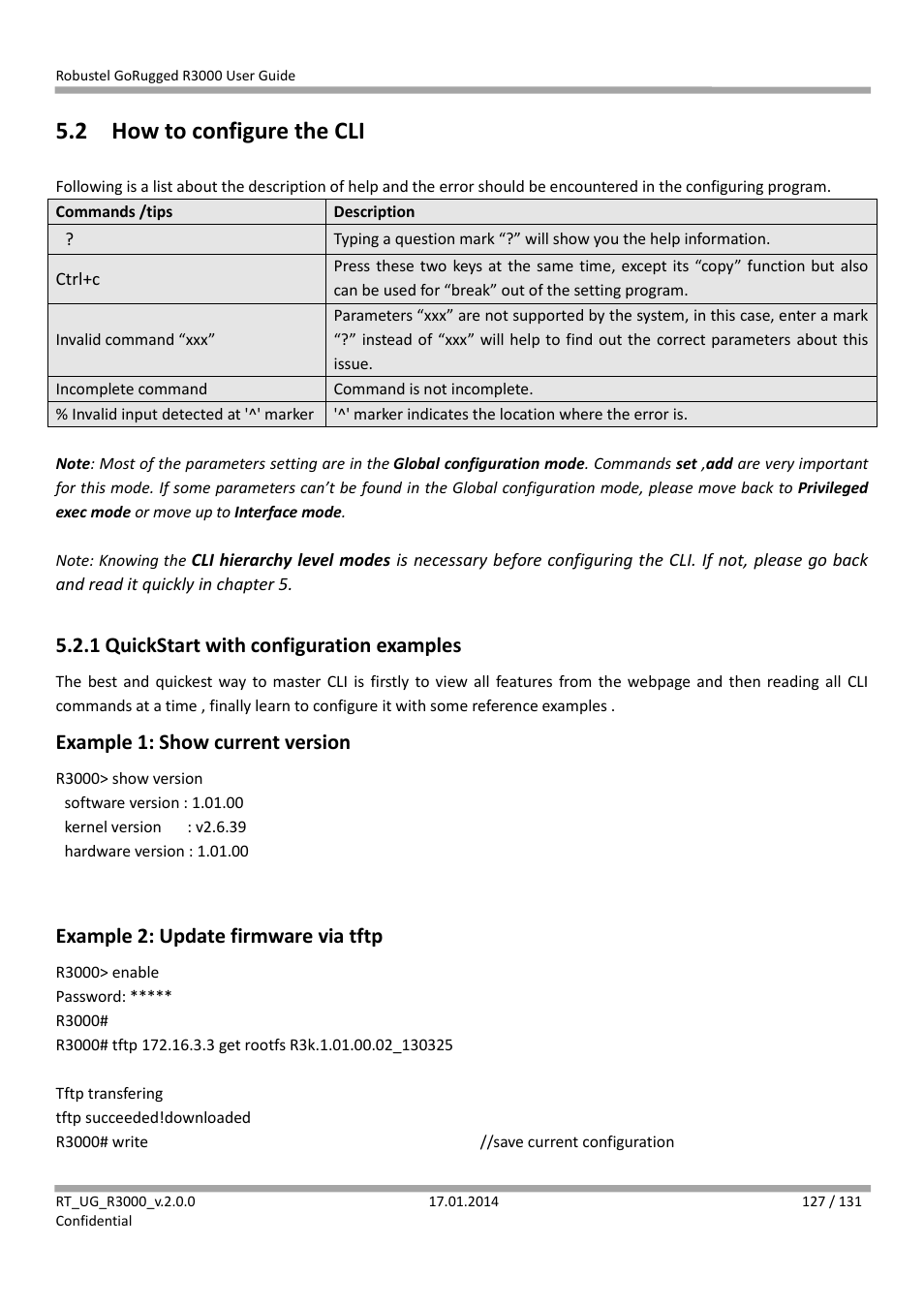 2 how to configure the cli, How to configure the cli, 1 quickstart with configuration examples | Example 1: show current version, Example 2: update firmware via tftp | Robustel R3000 User Guide User Manual | Page 128 / 132