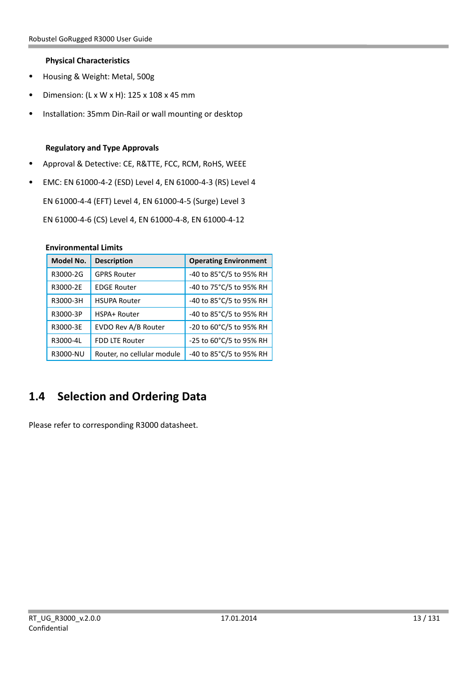 4 selection and ordering data, Selection and ordering data | Robustel R3000 User Guide User Manual | Page 14 / 132