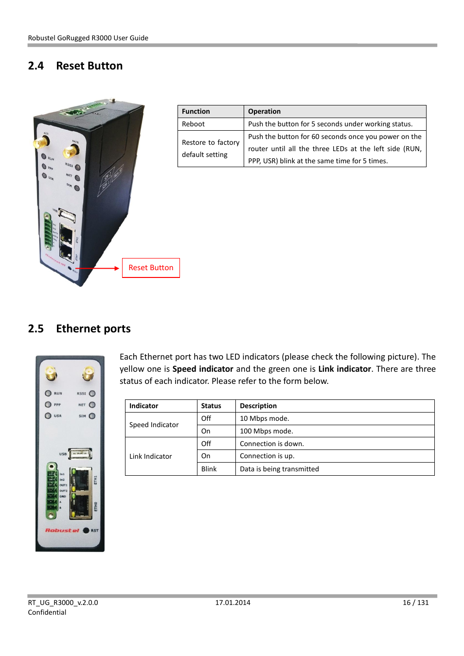 4 reset button, 5 ethernet ports, Reset button | Ethernet ports | Robustel R3000 User Guide User Manual | Page 17 / 132