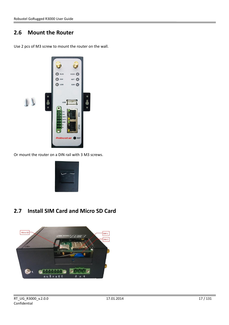 6 mount the router, 7 install sim card and micro sd card, Mount the router | Install sim card and micro sd card | Robustel R3000 User Guide User Manual | Page 18 / 132