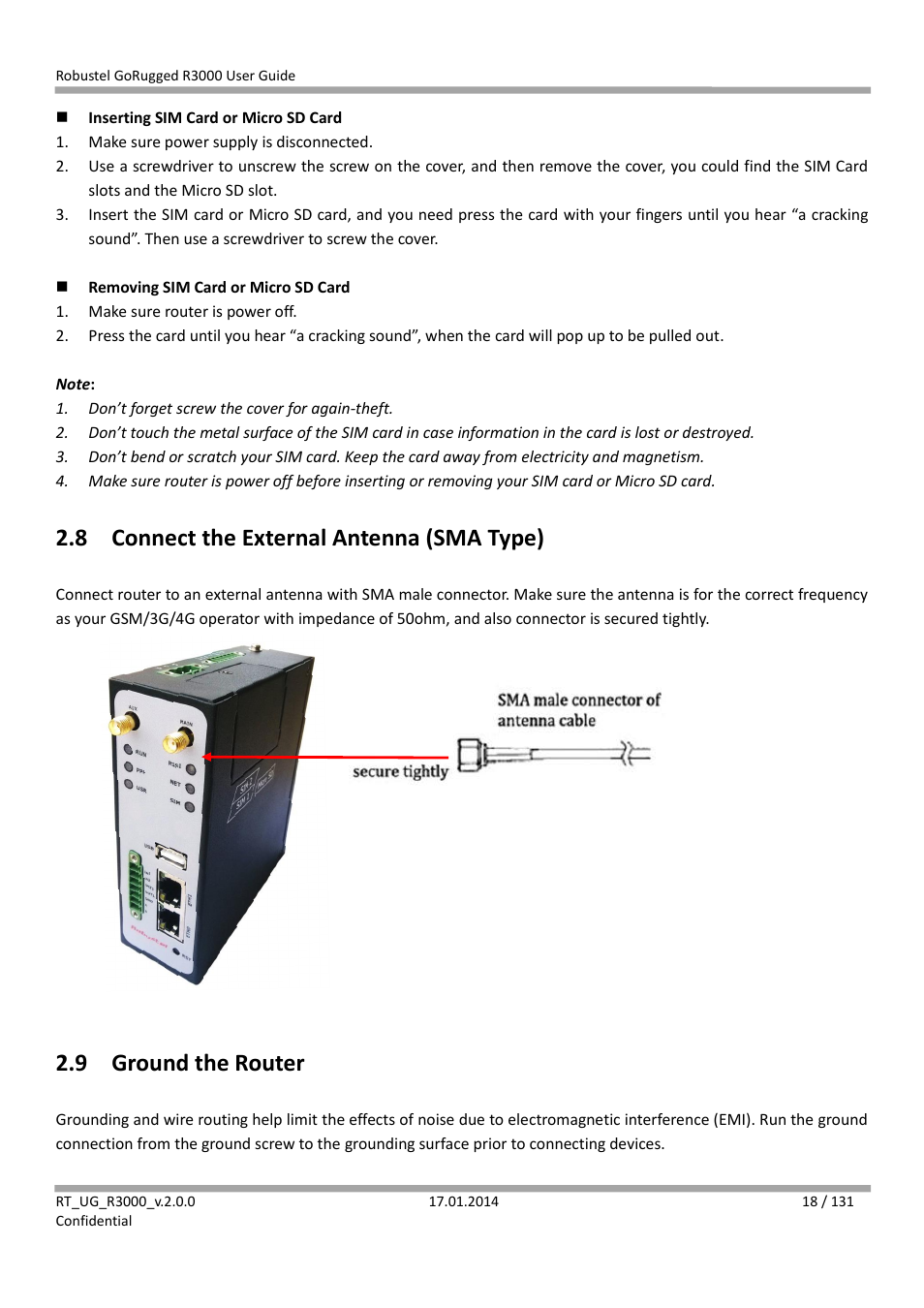 8 connect the external antenna (sma type), 9 ground the router, Connect the external antenna (sma type) | Ground the router | Robustel R3000 User Guide User Manual | Page 19 / 132