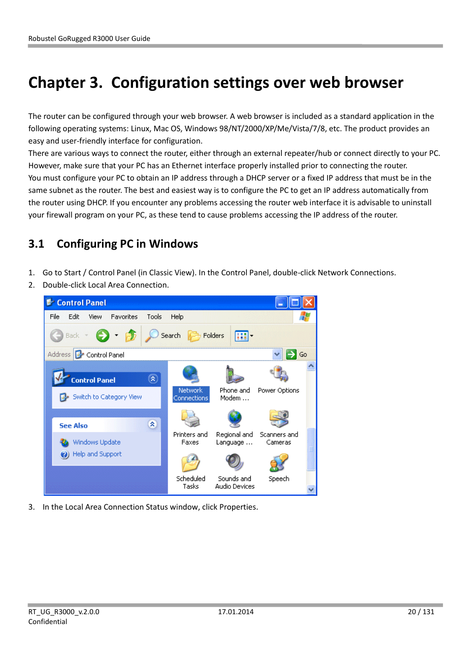 Chapter 3. configuration settings over web browser, 1 configuring pc in windows, Chapter 3 | Configuration settings over web browser, Configuring pc in windows | Robustel R3000 User Guide User Manual | Page 21 / 132