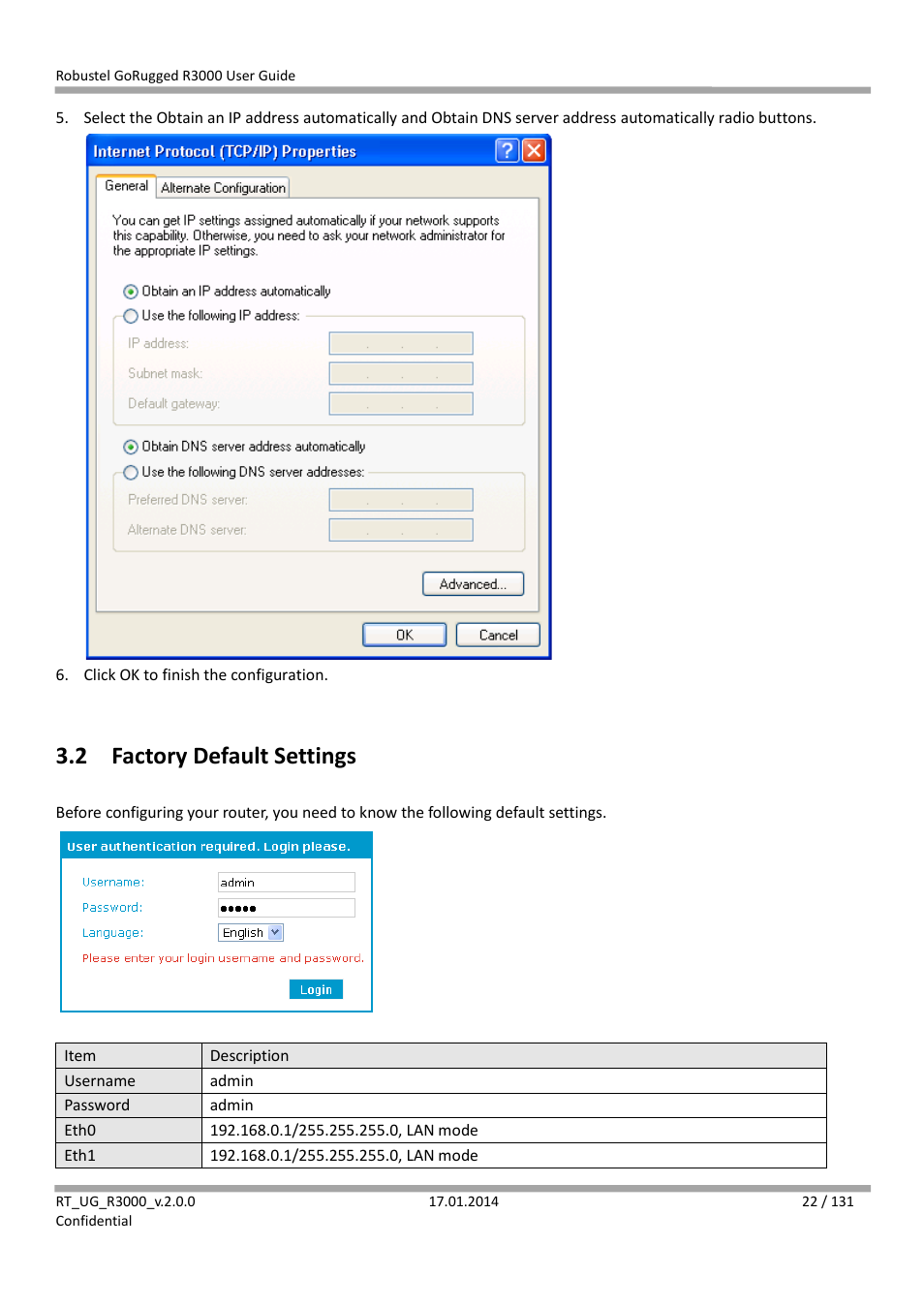 2 factory default settings, Factory default settings | Robustel R3000 User Guide User Manual | Page 23 / 132