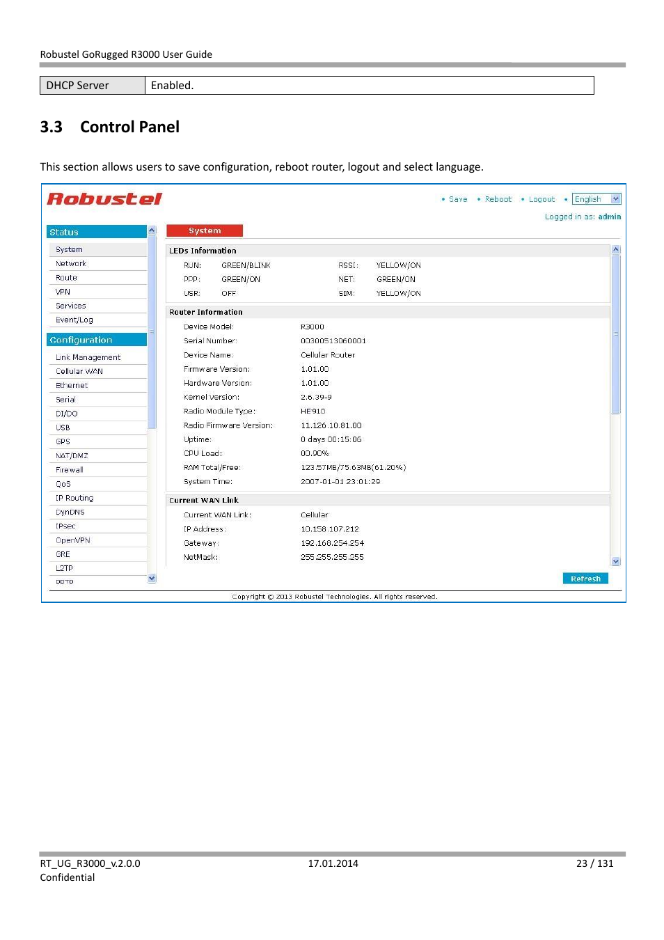 3 control panel, Control panel | Robustel R3000 User Guide User Manual | Page 24 / 132