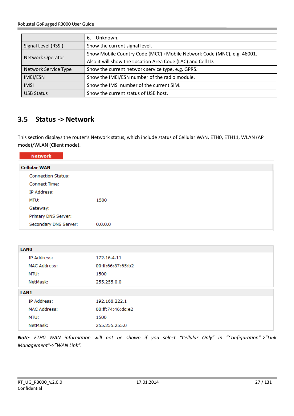 5 status -> network, Status -> network | Robustel R3000 User Guide User Manual | Page 28 / 132